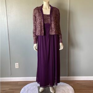 Alex Evenings party dress with gold tone shimmery, long sleeves vest , size 14
